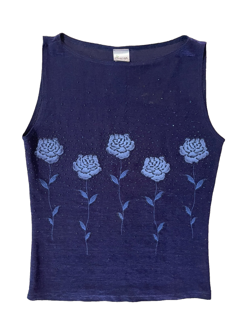 Vintage 90s Y2K Rose Beaded Tank Top Phoebe Buffay Fairy Sz L Semi-Sheer Stretch